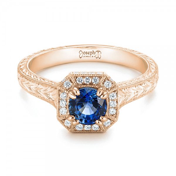 18k Rose Gold 18k Rose Gold Custom Blue Sapphire And Diamond Halo Engagement Ring - Flat View -  103006