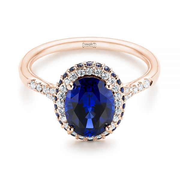 14k Rose Gold 14k Rose Gold Custom Blue Sapphire And Diamond Halo Engagement Ring - Flat View -  103041