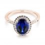 14k Rose Gold 14k Rose Gold Custom Blue Sapphire And Diamond Halo Engagement Ring - Flat View -  103041 - Thumbnail