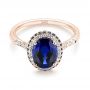 18k Rose Gold 18k Rose Gold Custom Blue Sapphire And Diamond Halo Engagement Ring - Flat View -  103041 - Thumbnail