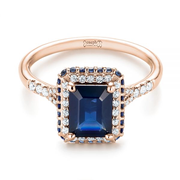 14k Rose Gold 14k Rose Gold Custom Blue Sapphire And Diamond Halo Engagement Ring - Flat View -  103457