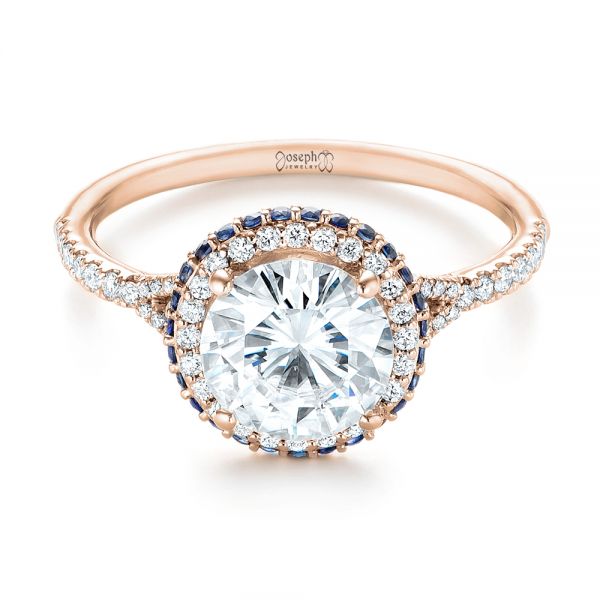 14k Rose Gold 14k Rose Gold Custom Blue Sapphire And Diamond Halo Engagement Ring - Flat View -  103474