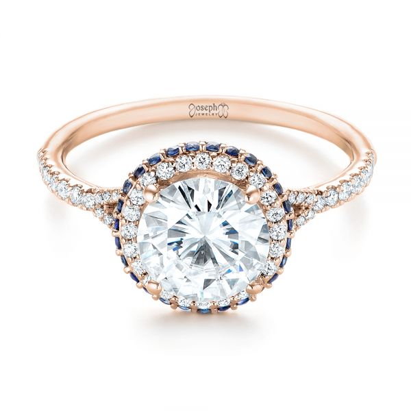 14k Rose Gold 14k Rose Gold Custom Blue Sapphire And Diamond Halo Engagement Ring - Flat View - 103474
