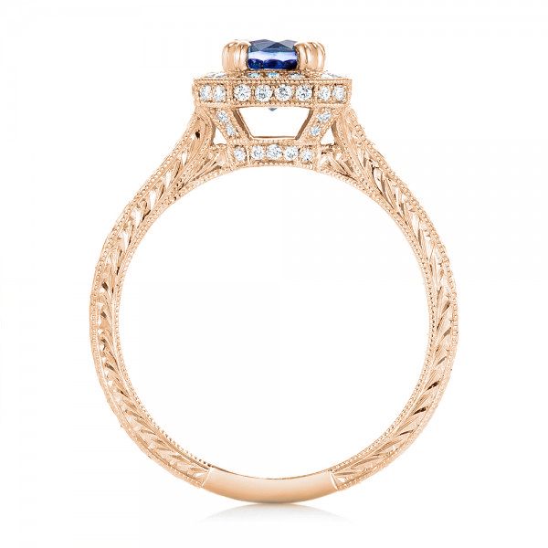 18k Rose Gold 18k Rose Gold Custom Blue Sapphire And Diamond Halo Engagement Ring - Front View - 103006