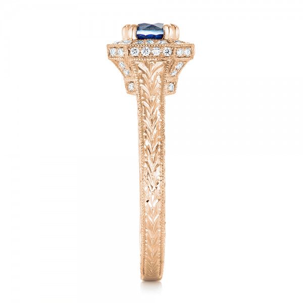 18k Rose Gold 18k Rose Gold Custom Blue Sapphire And Diamond Halo Engagement Ring - Side View - 103006