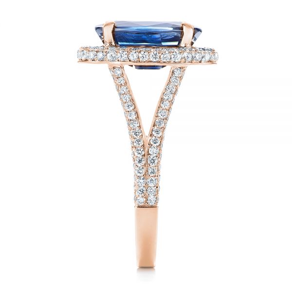 18k Rose Gold 18k Rose Gold Custom Blue Sapphire And Diamond Halo Engagement Ring - Side View -  103601