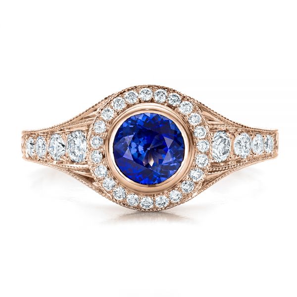 14k Rose Gold 14k Rose Gold Custom Blue Sapphire And Diamond Halo Engagement Ring - Top View -  100268