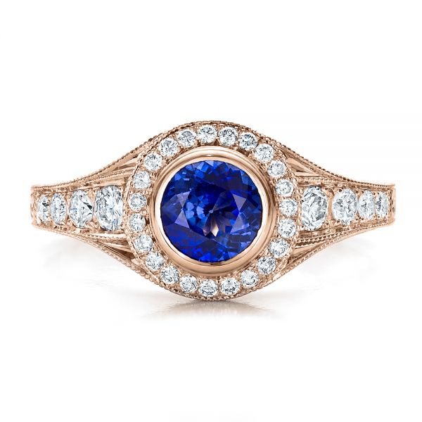 14k Rose Gold 14k Rose Gold Custom Blue Sapphire And Diamond Halo Engagement Ring - Top View - 100268