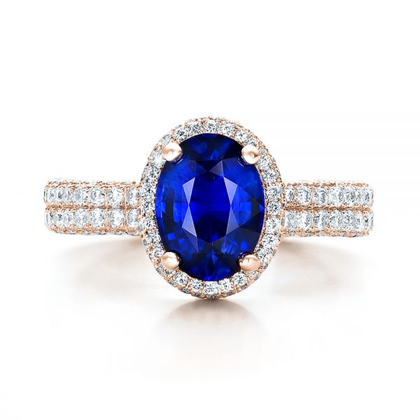 18k Rose Gold 18k Rose Gold Custom Blue Sapphire And Diamond Halo Engagement Ring - Top View - 100605