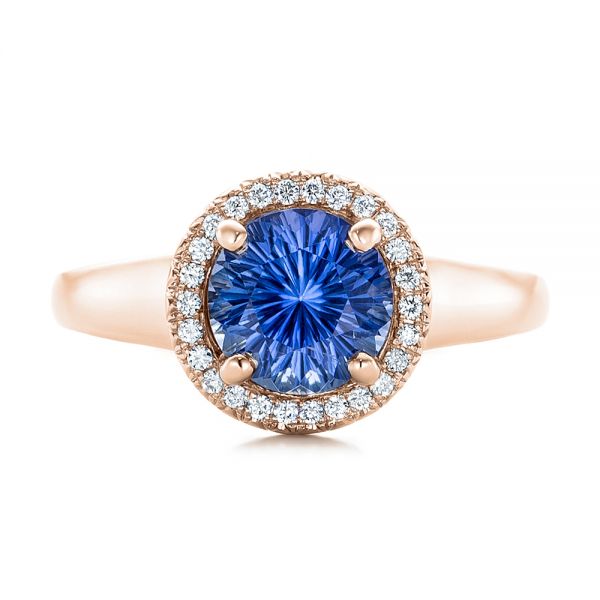 14k Rose Gold 14k Rose Gold Custom Blue Sapphire And Diamond Halo Engagement Ring - Top View - 102028