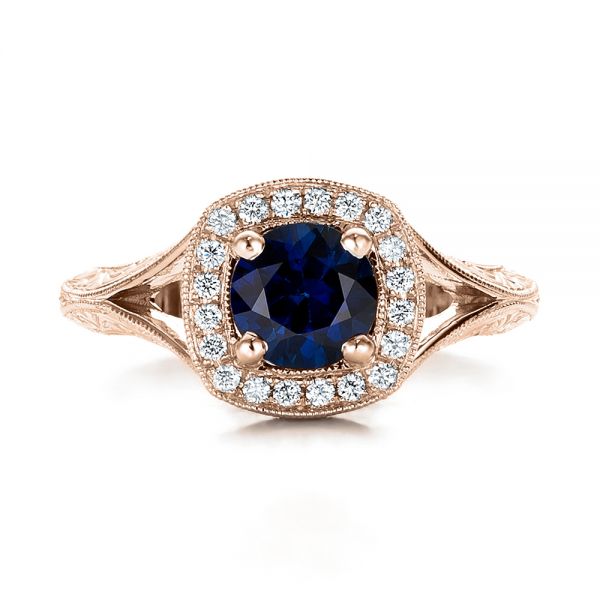 14k Rose Gold 14k Rose Gold Custom Blue Sapphire And Diamond Halo Engagement Ring - Top View - 102153