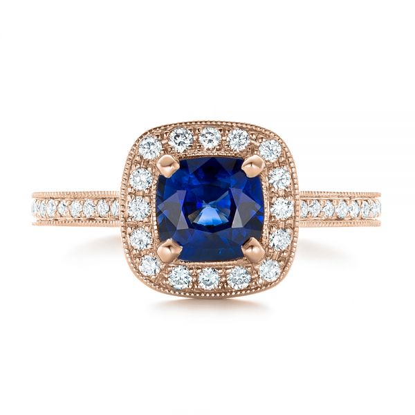 18k Rose Gold 18k Rose Gold Custom Blue Sapphire And Diamond Halo Engagement Ring - Top View - 102311