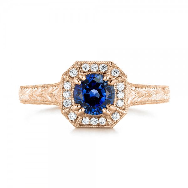 14k Rose Gold 14k Rose Gold Custom Blue Sapphire And Diamond Halo Engagement Ring - Top View -  103006