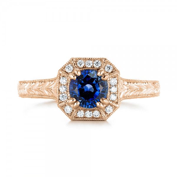 18k Rose Gold 18k Rose Gold Custom Blue Sapphire And Diamond Halo Engagement Ring - Top View - 103006