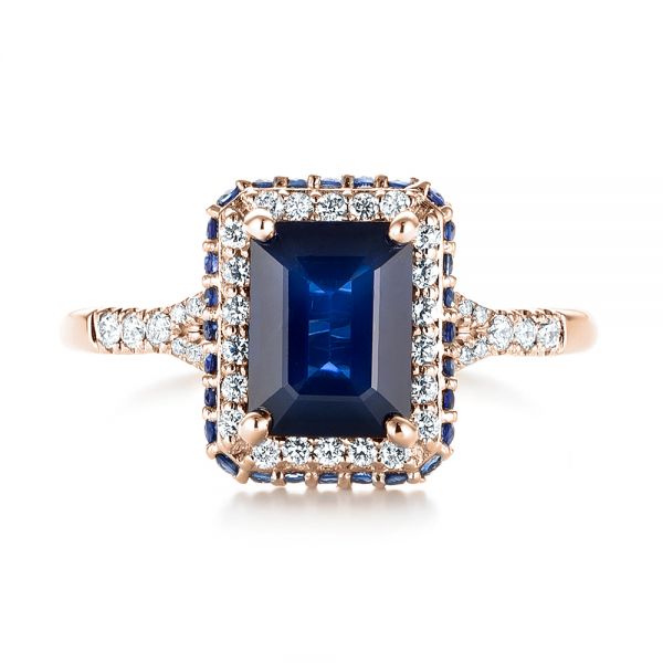 14k Rose Gold 14k Rose Gold Custom Blue Sapphire And Diamond Halo Engagement Ring - Top View - 103457