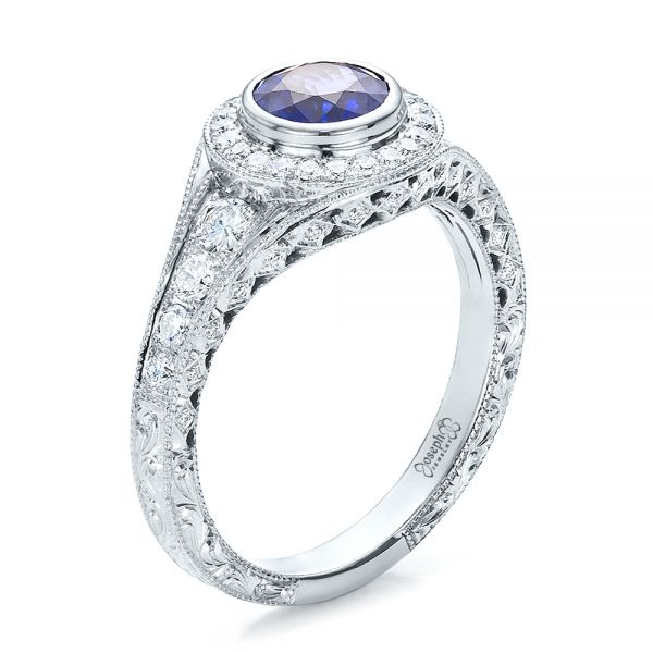 Custom Blue Sapphire and Diamond Halo Engagement Ring - Image