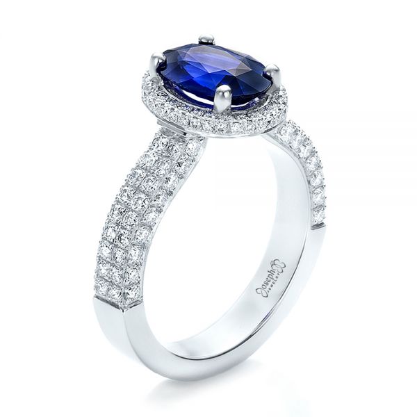  Platinum Custom Blue Sapphire And Diamond Halo Engagement Ring - Three-Quarter View -  100605