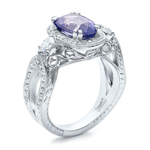 14k White Gold 14k White Gold Custom Blue Sapphire And Diamond Halo Engagement Ring - Three-Quarter View -  100783