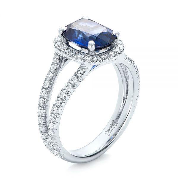 14k White Gold 14k White Gold Custom Blue Sapphire And Diamond Halo Engagement Ring - Three-Quarter View -  102018