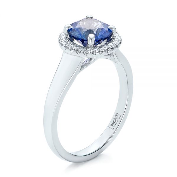 18k White Gold 18k White Gold Custom Blue Sapphire And Diamond Halo Engagement Ring - Three-Quarter View -  102028