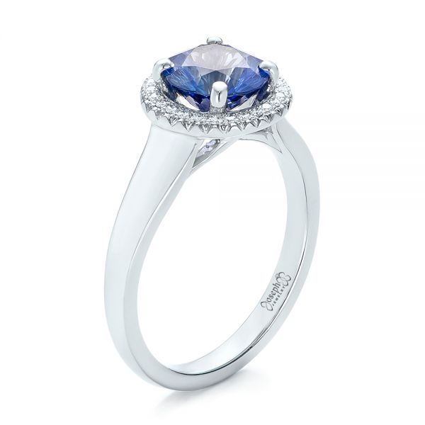 Custom Blue Sapphire and Diamond Halo Engagement Ring - Image