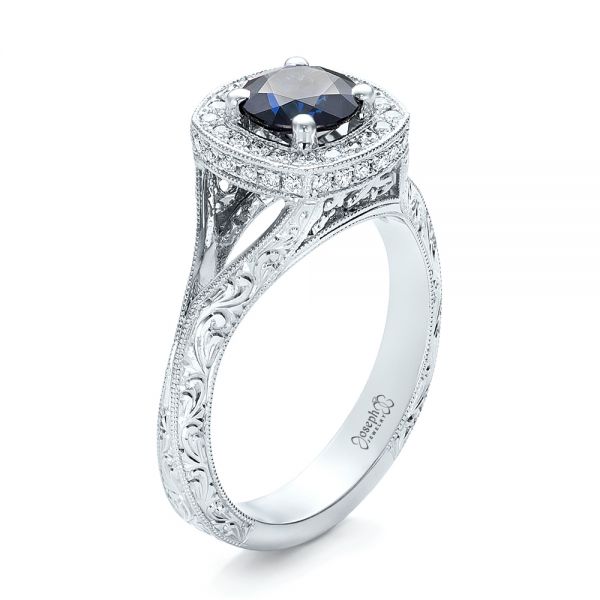  Platinum Platinum Custom Blue Sapphire And Diamond Halo Engagement Ring - Three-Quarter View -  102153