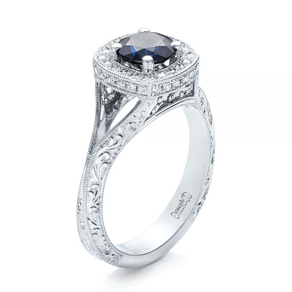 14k White Gold Custom Blue Sapphire And Diamond Halo Engagement Ring - Three-Quarter View -  102153