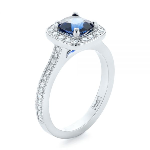 Custom Blue Sapphire and Diamond Halo Engagement Ring - Image