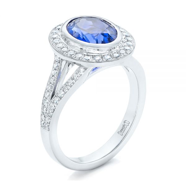 18k White Gold Custom Blue Sapphire And Diamond Halo Engagement Ring - Three-Quarter View -  102444