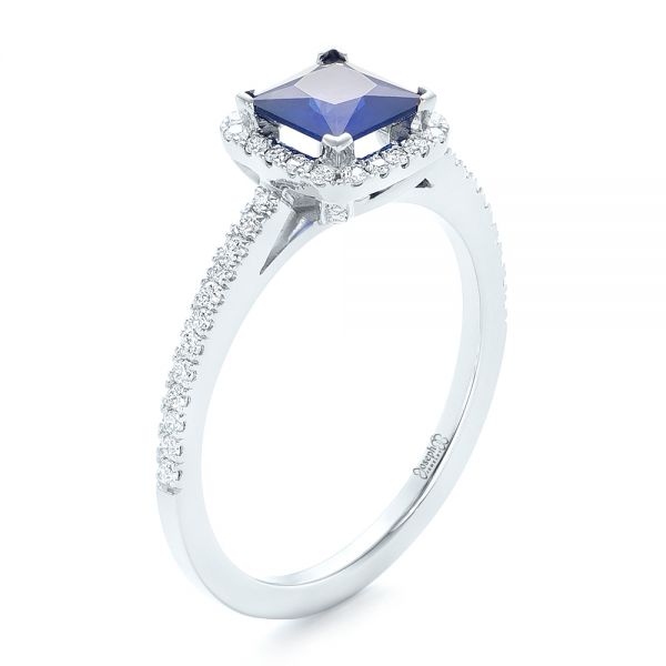 Custom Blue Sapphire and Diamond Halo Engagement Ring - Image