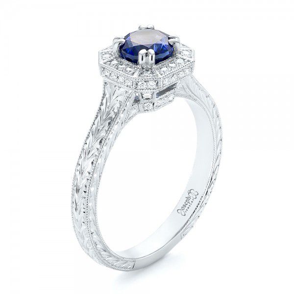  Platinum Custom Blue Sapphire And Diamond Halo Engagement Ring - Three-Quarter View -  103006