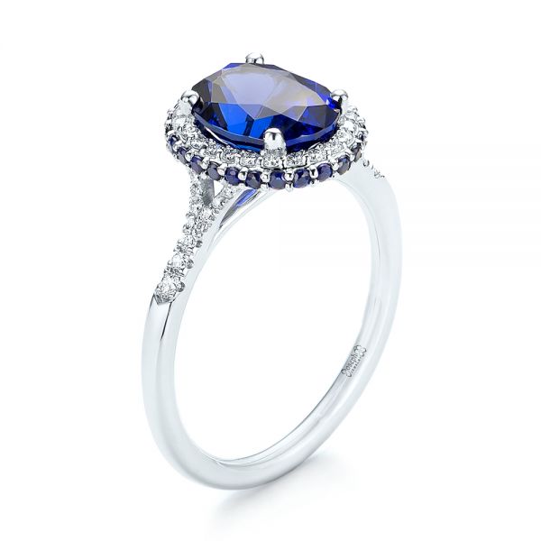14k White Gold Custom Blue Sapphire And Diamond Halo Engagement Ring - Three-Quarter View -  103041