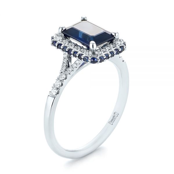 14k White Gold Custom Blue Sapphire And Diamond Halo Engagement Ring - Three-Quarter View -  103457