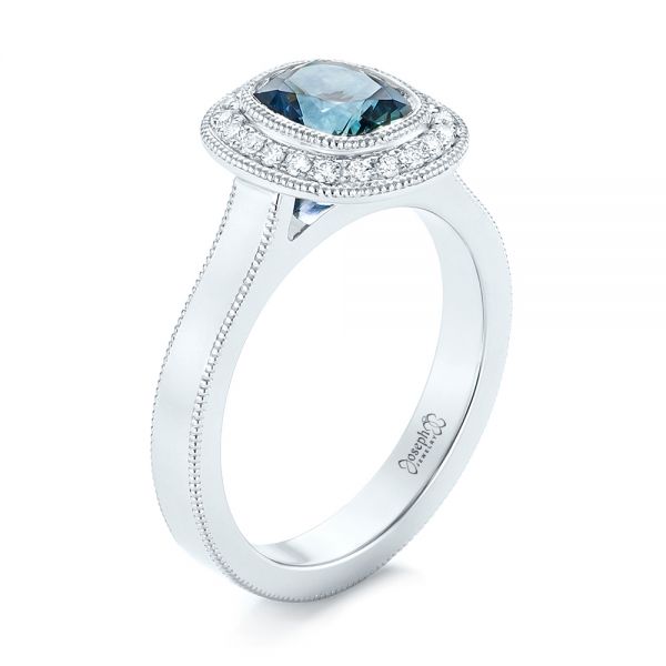  Platinum Custom Blue Sapphire And Diamond Halo Engagement Ring - Three-Quarter View -  103467