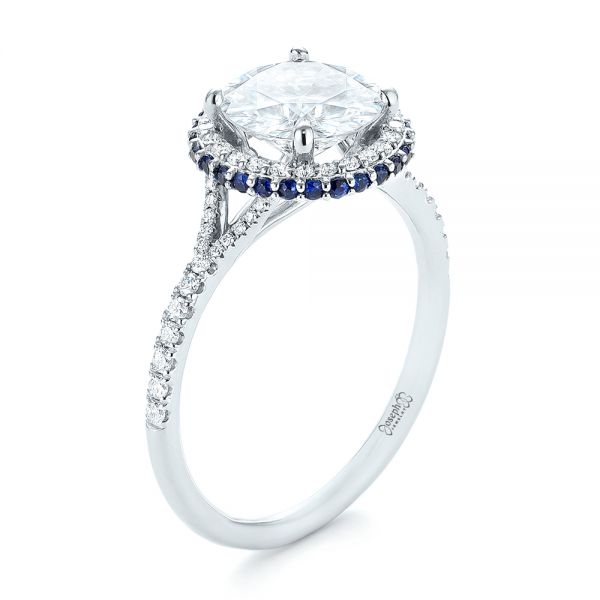14k White Gold Custom Blue Sapphire And Diamond Halo Engagement Ring - Three-Quarter View -  103474