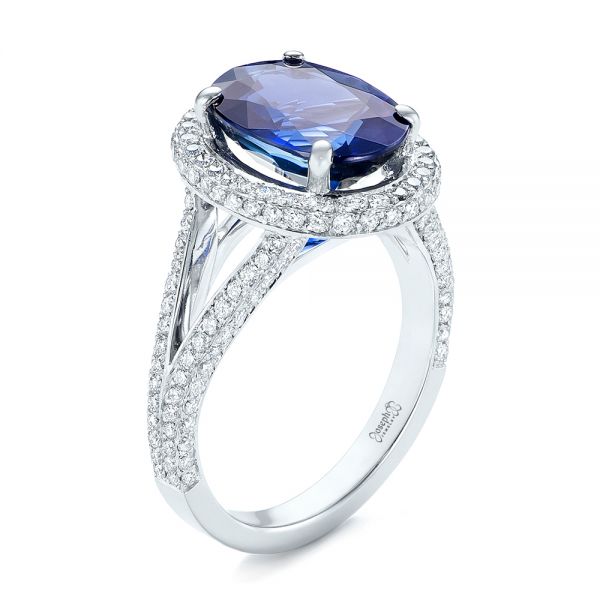 18k White Gold Custom Blue Sapphire And Diamond Halo Engagement Ring - Three-Quarter View -  103601