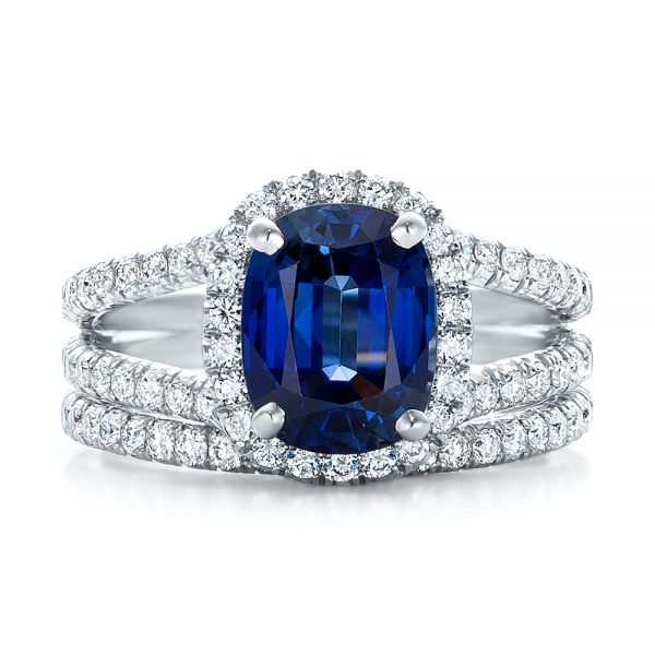 14k White Gold 14k White Gold Custom Blue Sapphire And Diamond Halo Engagement Ring - Three-Quarter View -  102018