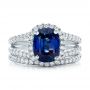 18k White Gold 18k White Gold Custom Blue Sapphire And Diamond Halo Engagement Ring - Three-Quarter View -  102018 - Thumbnail