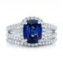 14k White Gold 14k White Gold Custom Blue Sapphire And Diamond Halo Engagement Ring - Three-Quarter View -  102018 - Thumbnail