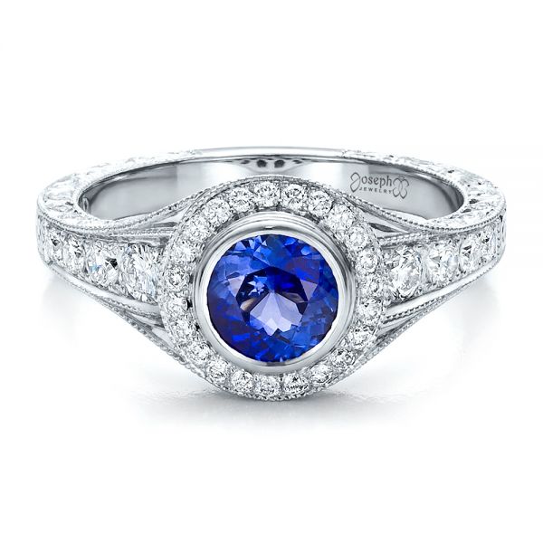 14k White Gold Custom Blue Sapphire And Diamond Halo Engagement Ring - Flat View - 100268