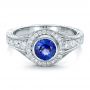 14k White Gold Custom Blue Sapphire And Diamond Halo Engagement Ring - Flat View -  100268 - Thumbnail