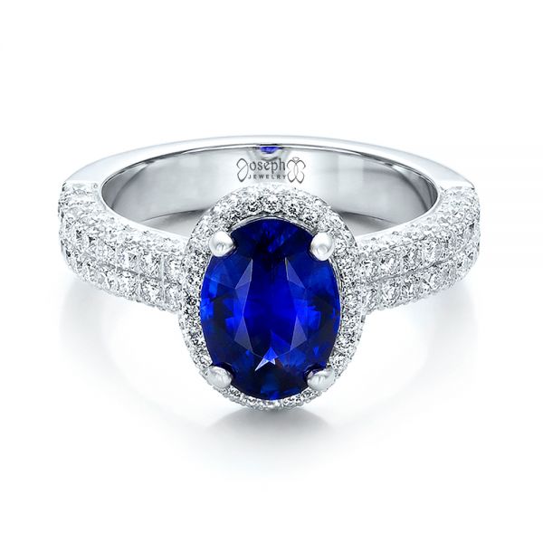 18k White Gold 18k White Gold Custom Blue Sapphire And Diamond Halo Engagement Ring - Flat View -  100605