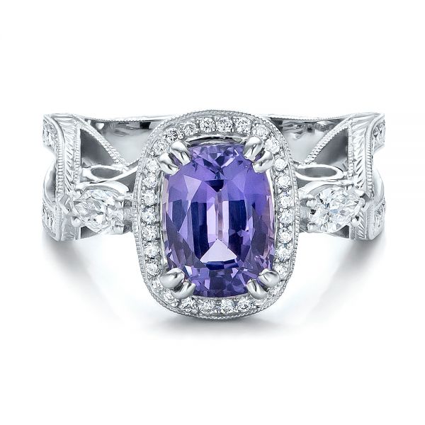 18k White Gold 18k White Gold Custom Blue Sapphire And Diamond Halo Engagement Ring - Flat View -  100783