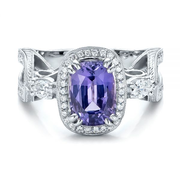 Platinum Platinum Custom Blue Sapphire And Diamond Halo Engagement Ring - Flat View - 100783