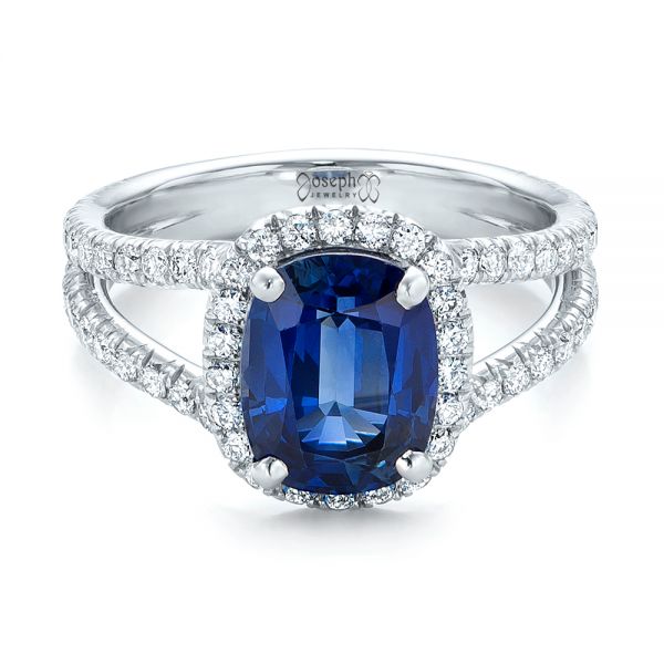 Platinum Custom Blue Sapphire And Diamond Halo Engagement Ring - Flat View - 102018