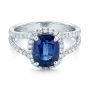 14k White Gold 14k White Gold Custom Blue Sapphire And Diamond Halo Engagement Ring - Flat View -  102018 - Thumbnail