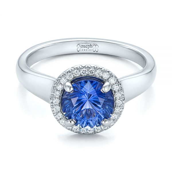  Platinum Custom Blue Sapphire And Diamond Halo Engagement Ring - Flat View -  102028