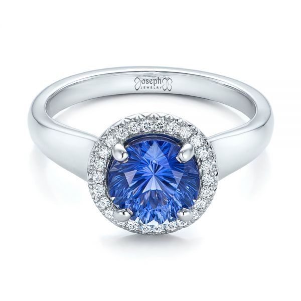 Platinum Custom Blue Sapphire And Diamond Halo Engagement Ring - Flat View - 102028