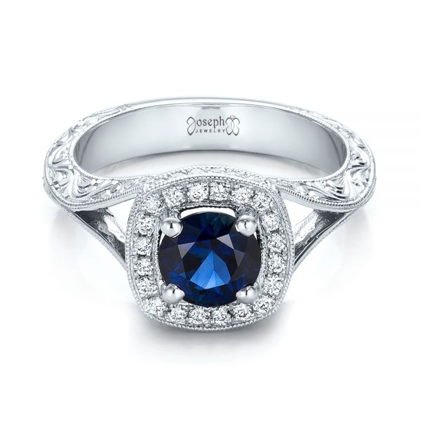 18k White Gold 18k White Gold Custom Blue Sapphire And Diamond Halo Engagement Ring - Flat View -  102153