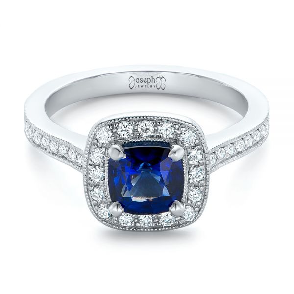 14k White Gold 14k White Gold Custom Blue Sapphire And Diamond Halo Engagement Ring - Flat View -  102311